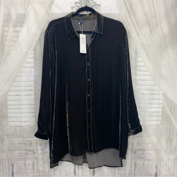 NEW Eileen Fisher Medium Long Sleeve Velvet Shirt Woodland Green Button High Low - Picture 7 of 14